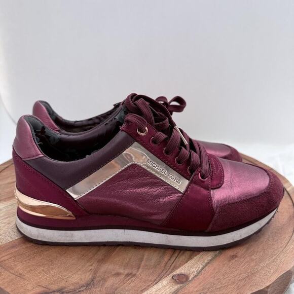Michael Kors Shoes Womens Size 7.5 Burgundy Rose Gold Trainer Sneakers HX18F - Picture 1 of 13